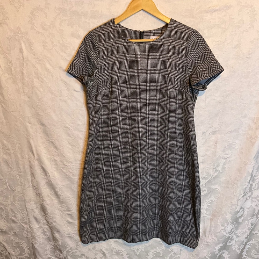 Calvin Klein Women's Sz 12 Sheath Dress Black White Plaid‎ Short Sleeve Zipper